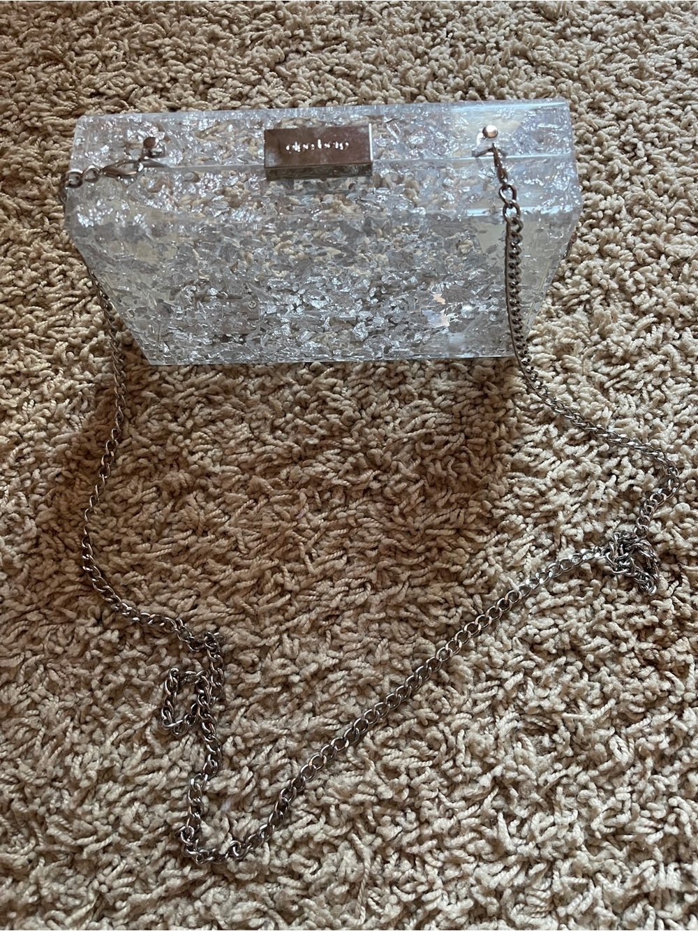 Olga Berg Clear Acrylic Silver Flake Clutch Bag